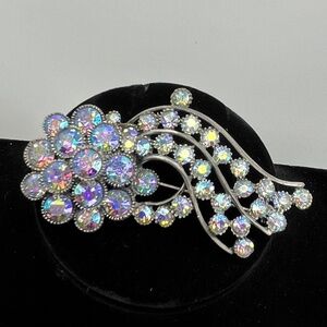 Vintage BSK Floral / Abstract, Rhinestone Aurora Borealis Large Brooch